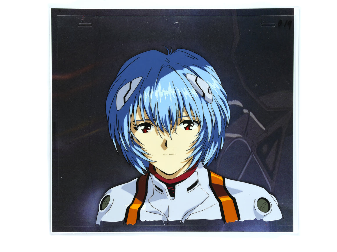 Neon Genesis Evangelion - "Smiling would be a good start" Ayanami Rei close-up - 1-layer Production Cel w/ Printed Background