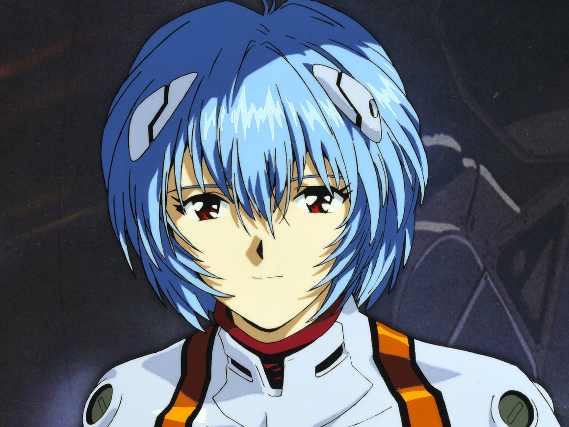 Neon Genesis Evangelion - "Smiling would be a good start" Ayanami Rei close-up - 1-layer Production Cel w/ Printed Background