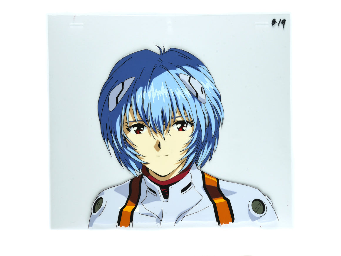 Neon Genesis Evangelion - "Smiling would be a good start" Ayanami Rei close-up - 1-layer Production Cel w/ Printed Background