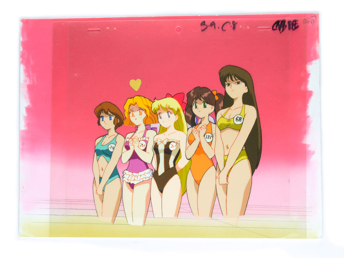 Sailor Moon - Minako and Mimete with the finalists - 3-layer Production Cel w/ Original Master Background