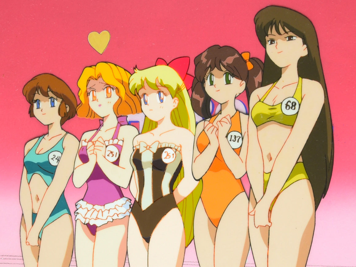 Sailor Moon - Minako and Mimete with the finalists - 3-layer Production Cel w/ Original Master Background