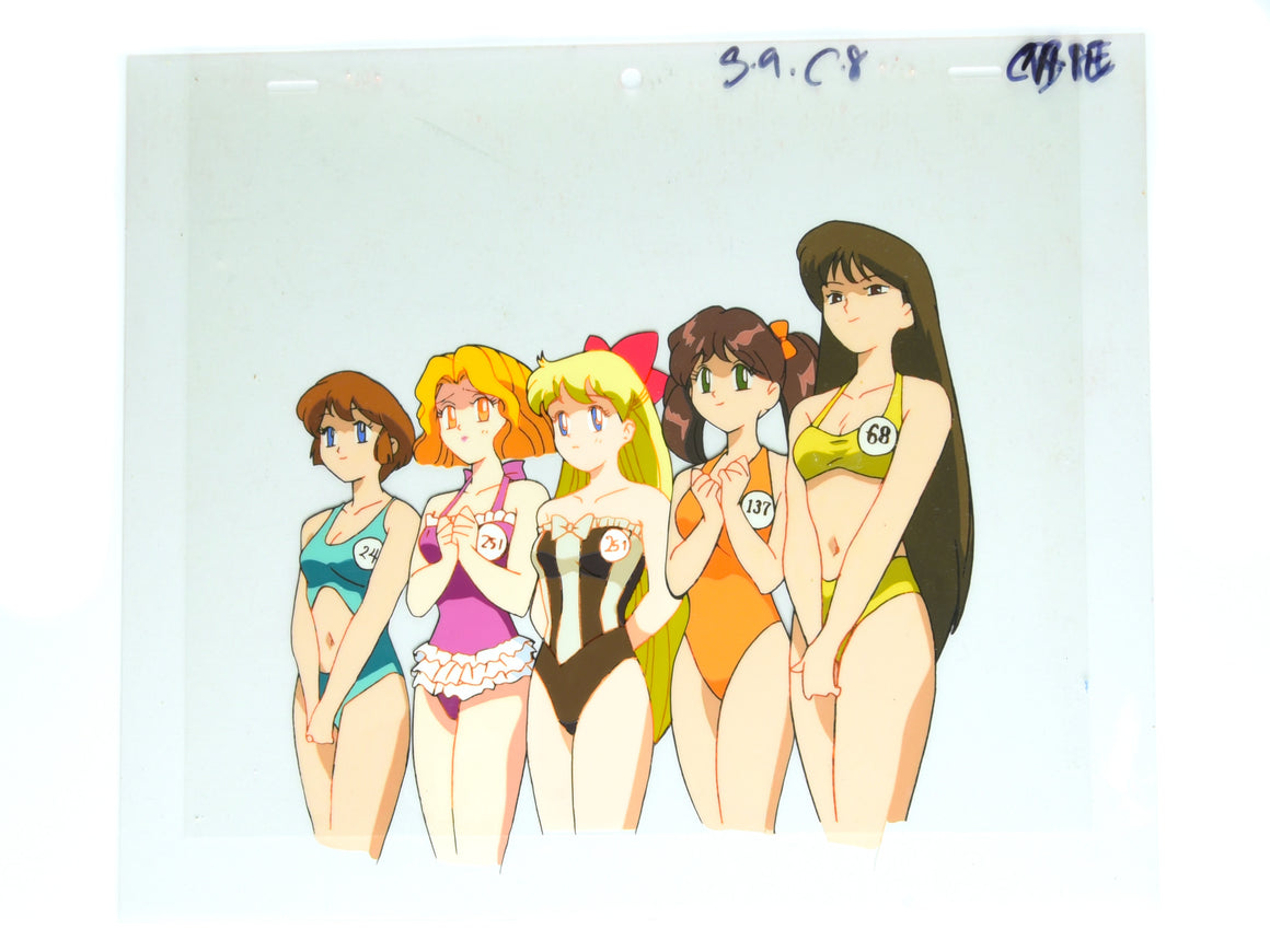 Sailor Moon - Minako and Mimete with the finalists - 3-layer Production Cel w/ Original Master Background