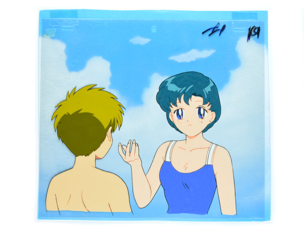 Sailor Moon - Shingo and Ami at the beach - 2-layer Production Cel w/ Original Background & Douga