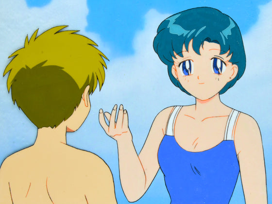 Sailor Moon - Shingo and Ami at the beach - 2-layer Production Cel w/ Original Background & Douga