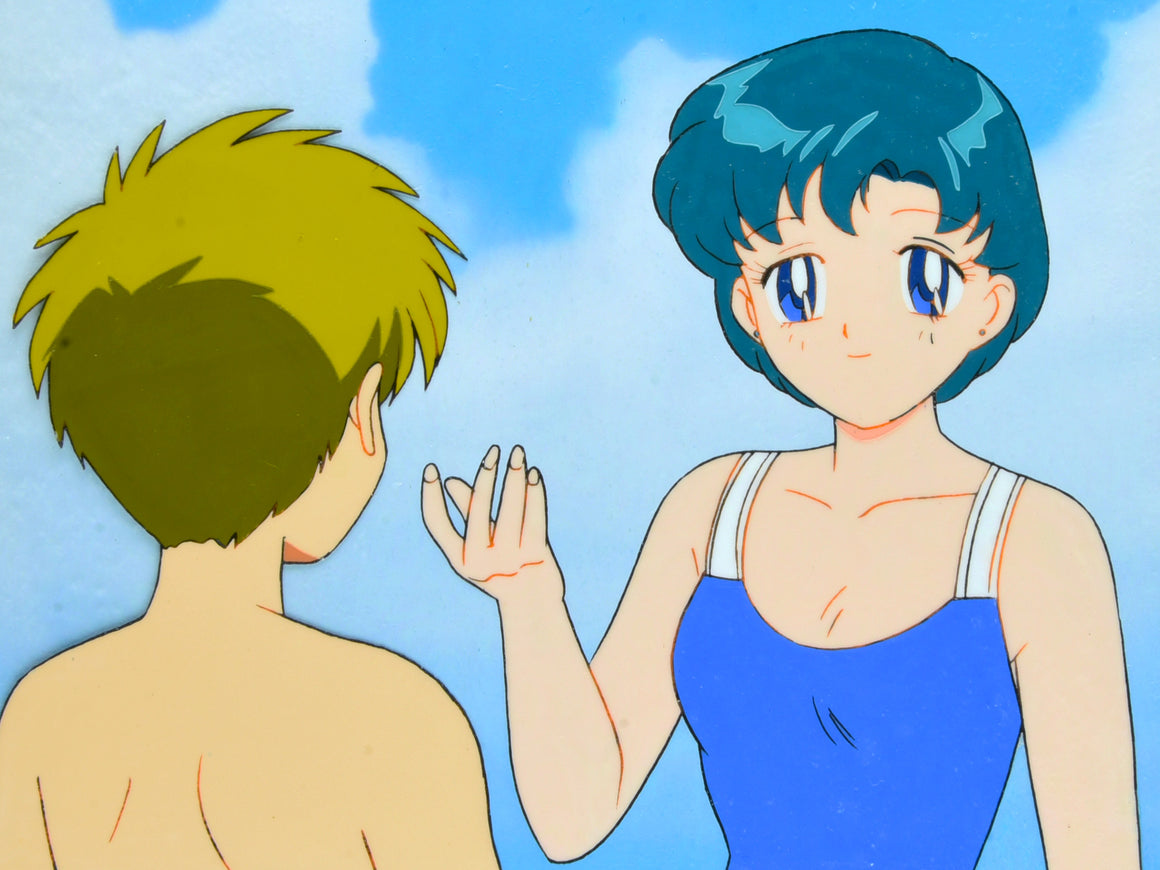 Sailor Moon - Shingo and Ami at the beach - 2-layer Production Cel w/ Original Background & Douga