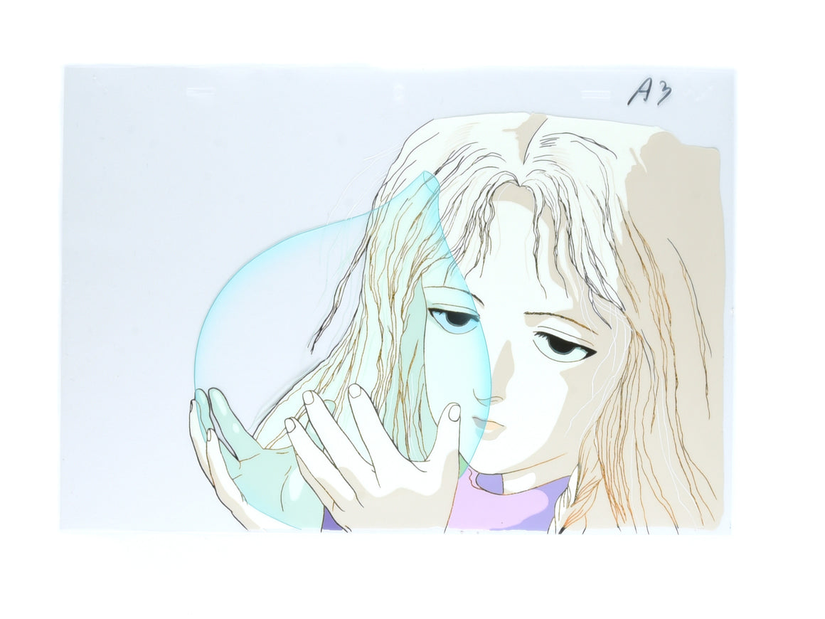 Angel's Egg - The Girl holding up a glass bottle - Movie-size 1-layer Production Cel w/ Douga & Background