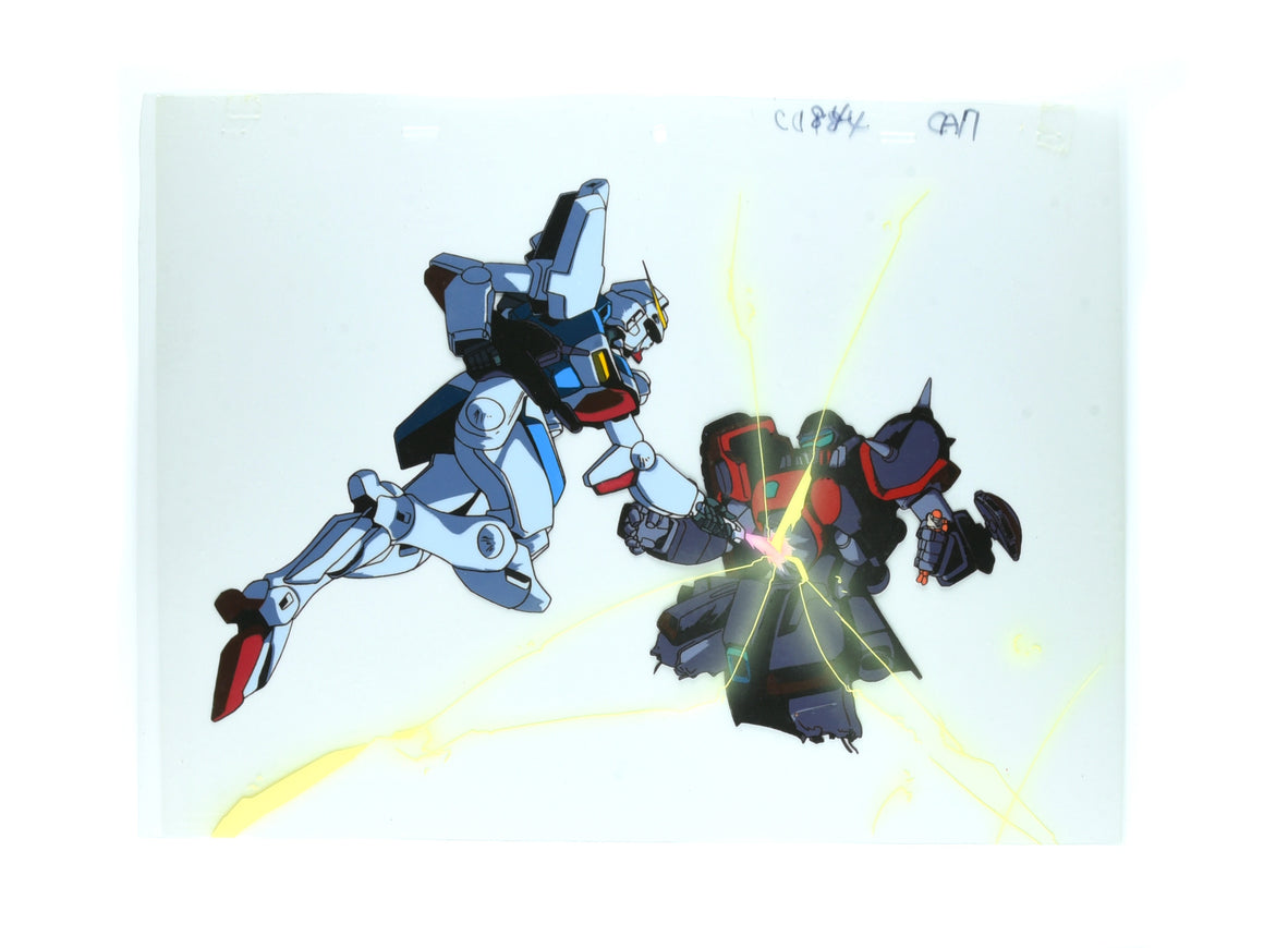 Mobile Suit Victory Gundam - V Gundam attacking Zollidia w/ Usso's mom - 2-layer Pan-size Production Cel w/ Douga & Print Background