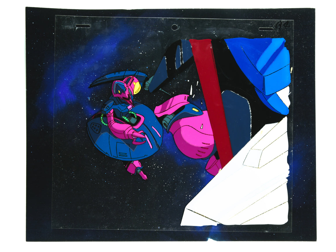 Mobile Suit Zeta Gundam - Jerid in Baund Doc kicking Zeta Gundam - 1-layer Production Cel w/ Copy Background