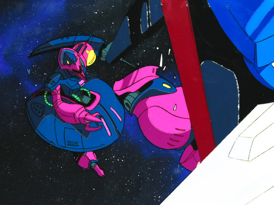 Mobile Suit Zeta Gundam - Jerid in Baund Doc kicking Zeta Gundam - 1-layer Production Cel w/ Copy Background