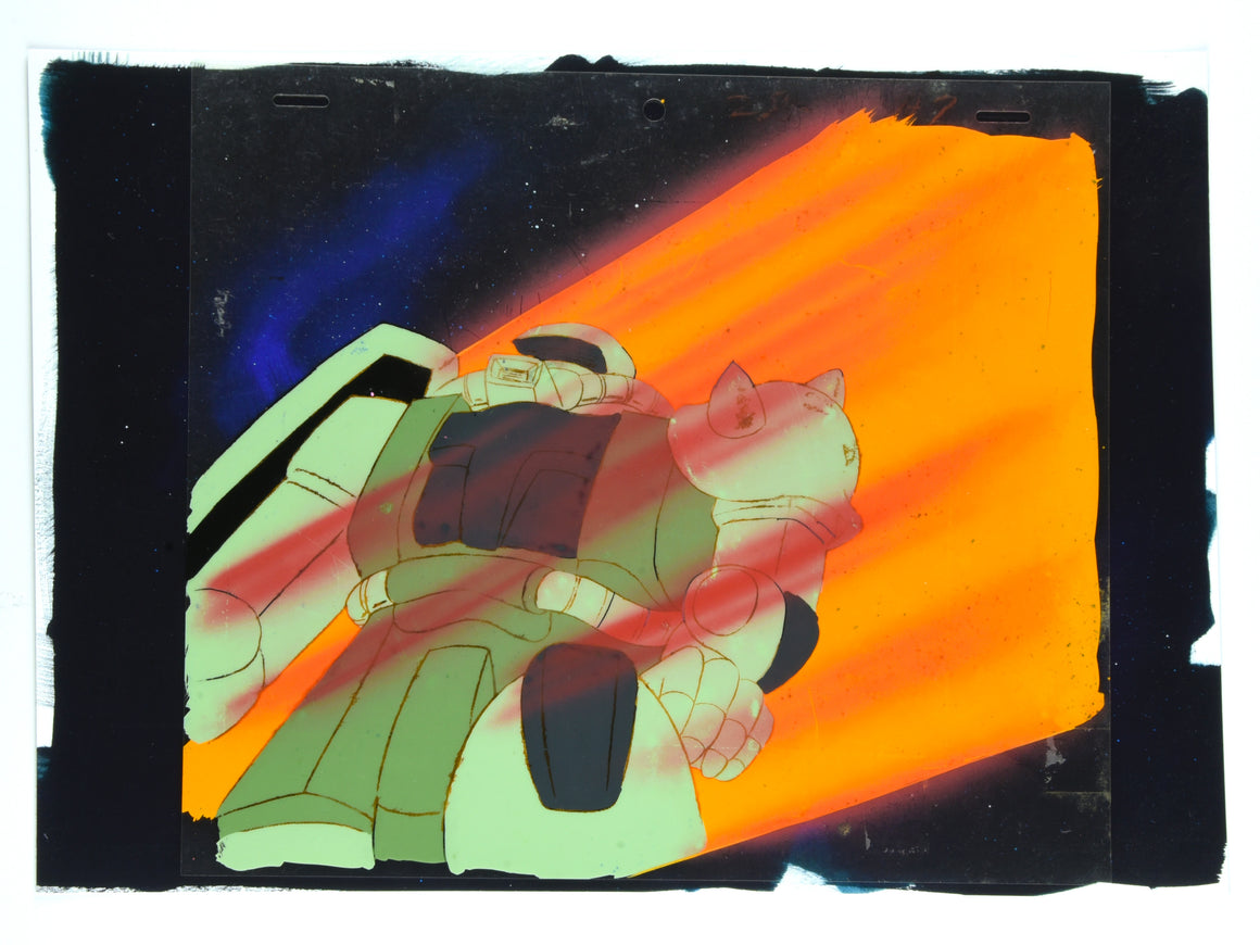 Mobile Suit Gundam - Zaku getting vaporized - 1-layer Production Cel w/ Print Background