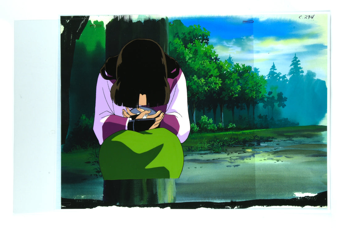 Inuyasha - Sango hiding behind a tree - Pan-size Production Cel w/ Douga & Print Background