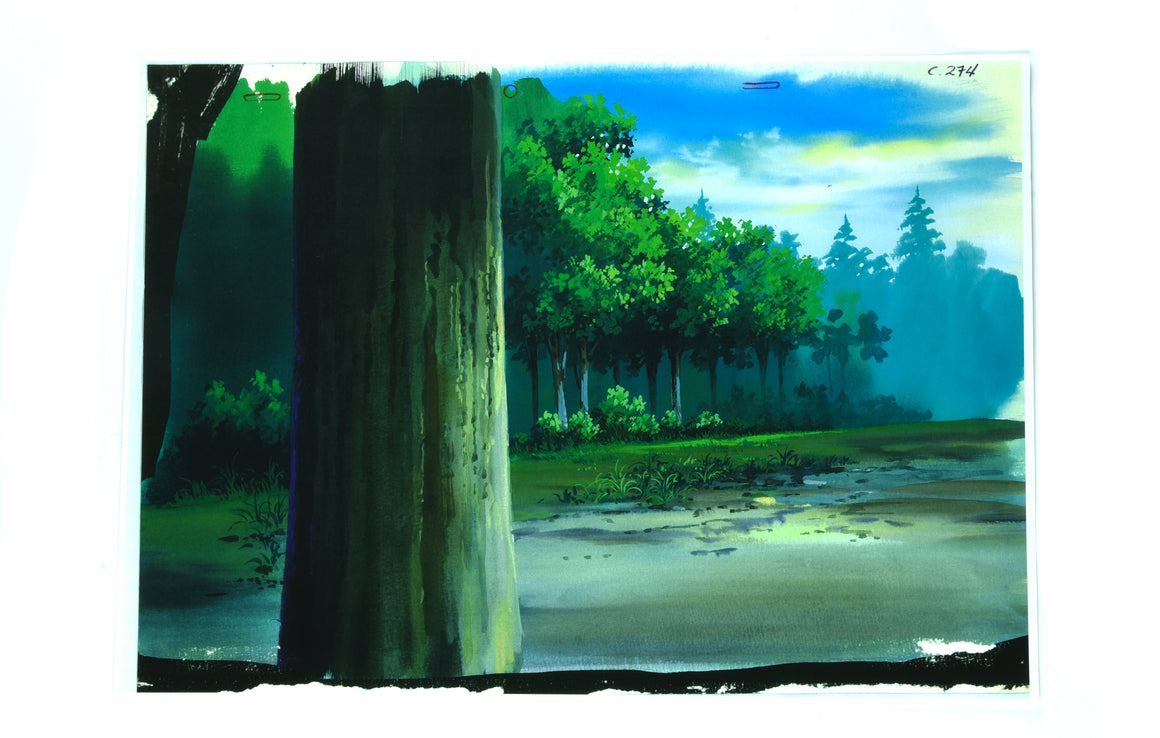 Inuyasha - Sango hiding behind a tree - Pan-size Production Cel w/ Douga & Print Background