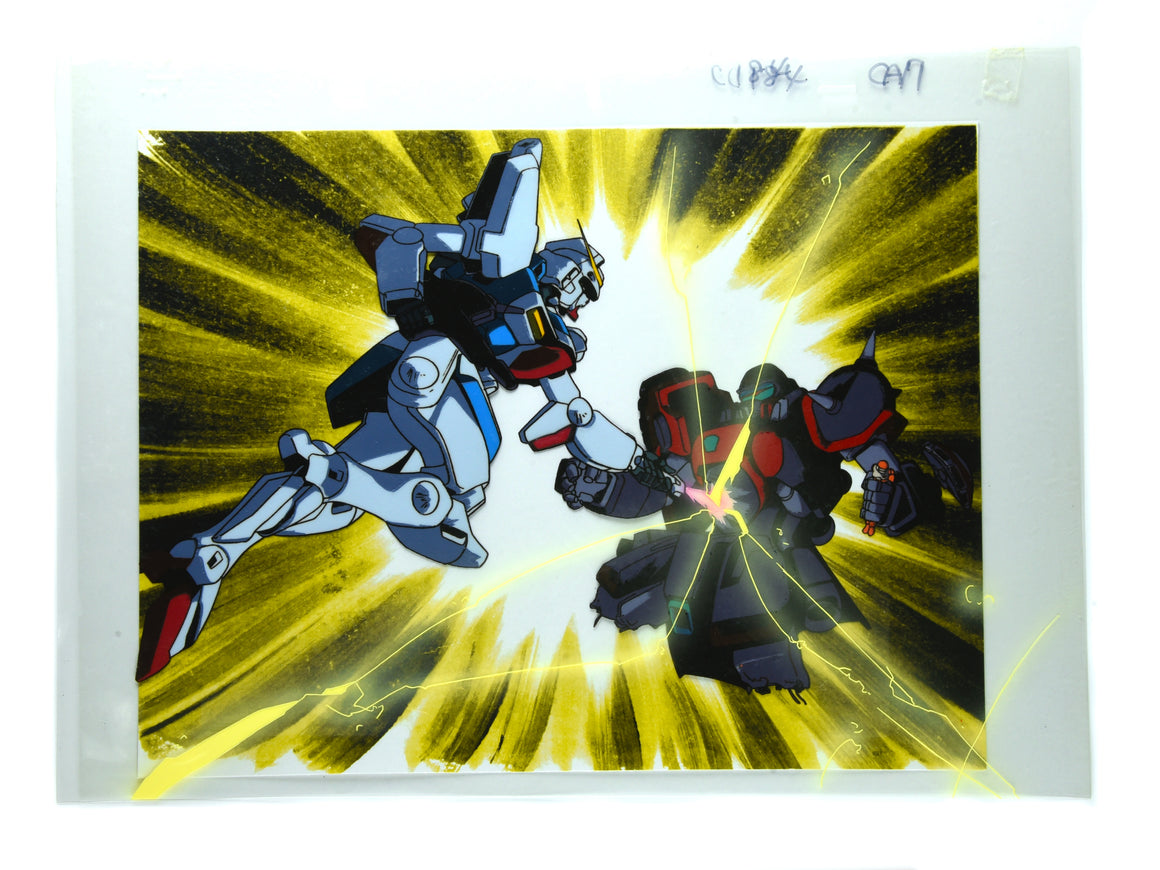 Mobile Suit Victory Gundam - V Gundam attacking Zollidia w/ Usso's mom - 2-layer Pan-size Production Cel w/ Douga & Print Background