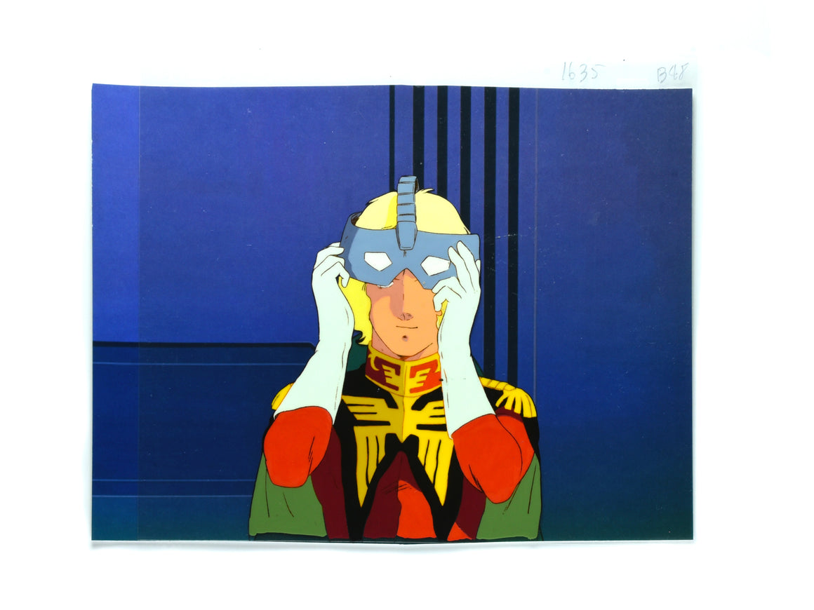 Mobile Suit Gundam - Char putting the mask back on - 1-layer Production Cel w/ Print Background