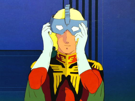 Mobile Suit Gundam - Char putting the mask back on - 1-layer Production Cel w/ Print Background