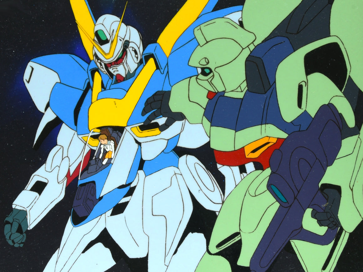 Mobile Suit Victory Gundam - V2 Gundam being shaken by Gunblaster - 2-layer Pan-size Production Cel w/ Print Background