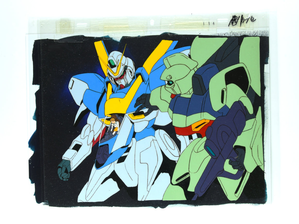 Mobile Suit Victory Gundam - V2 Gundam being shaken by Gunblaster - 2-layer Pan-size Production Cel w/ Print Background