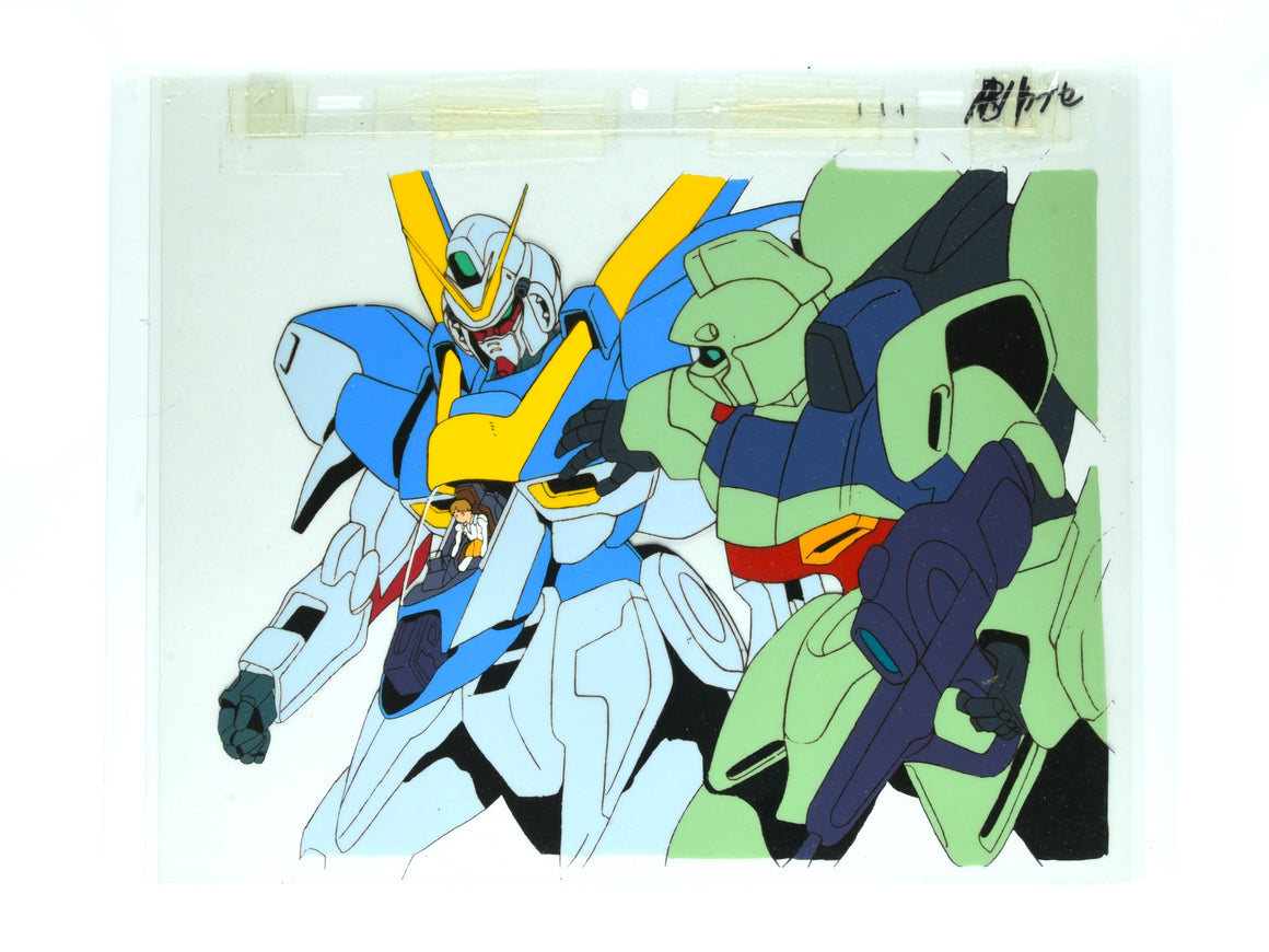 Mobile Suit Victory Gundam - V2 Gundam being shaken by Gunblaster - 2-layer Pan-size Production Cel w/ Print Background