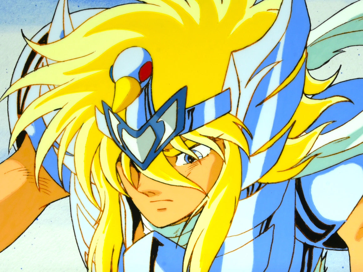 Saint Seiya - Cygnus Hyoga close up - 1-layer Production Cel w/ Douga, Background & CoA