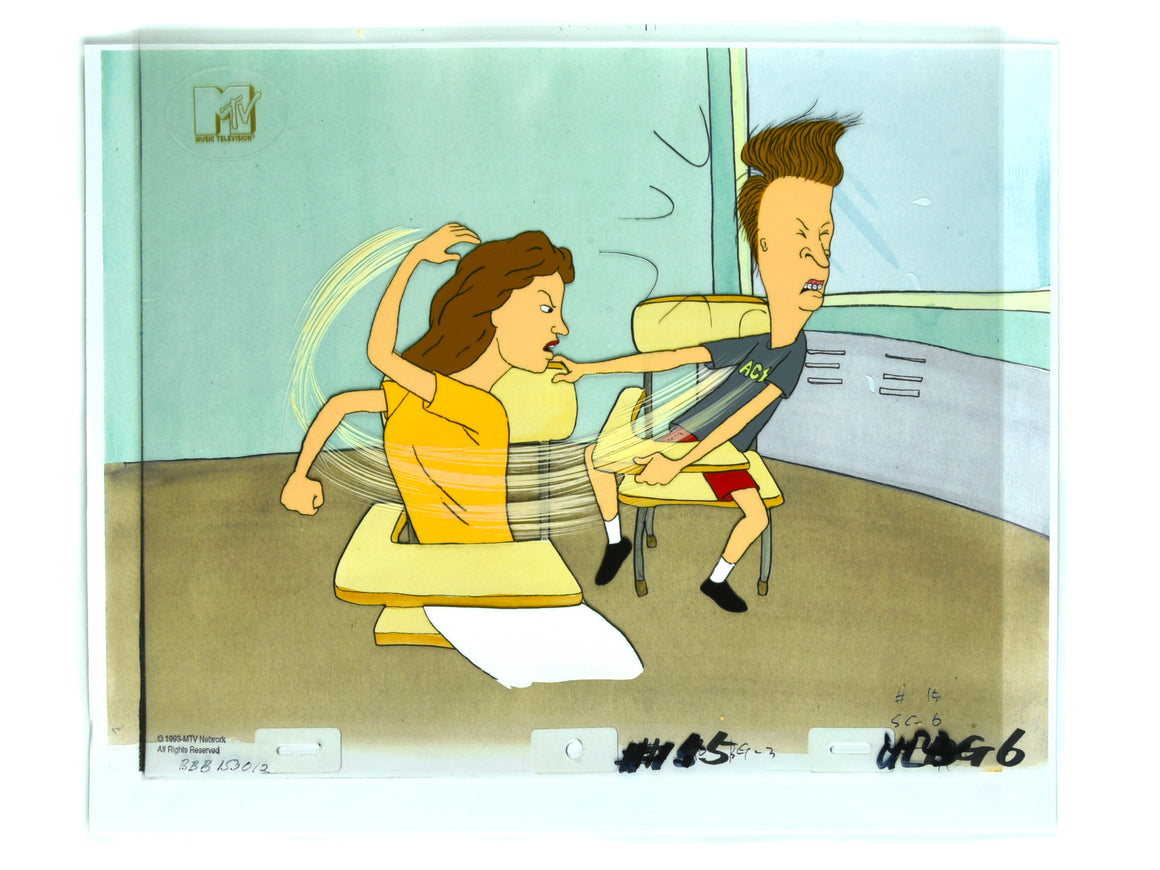 Beavis and Butt-Head - Butt-Head getting slapped after hitting on classmate - 2-layer Production Cel w/ Print Background