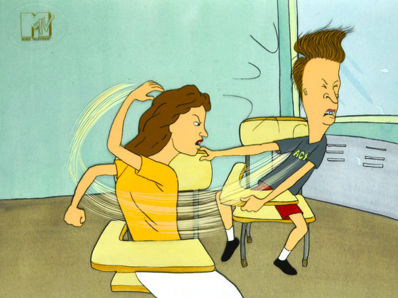 Beavis and Butt-Head - Butt-Head getting slapped after hitting on classmate - 2-layer Production Cel w/ Print Background