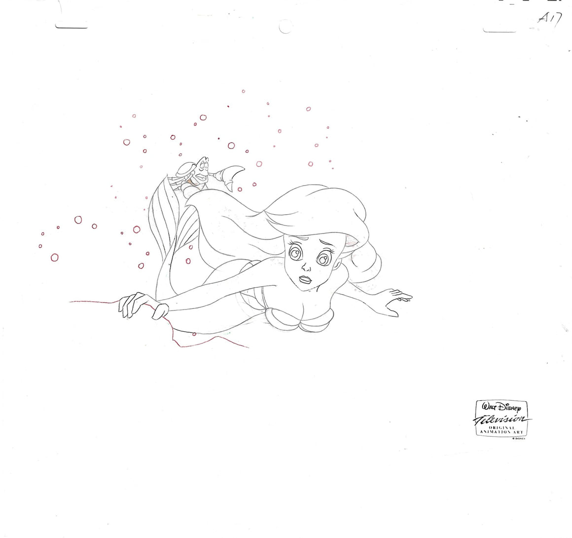 Little Mermaid - Ariel and Sebastian - 1-layer Production Cel w/ Douga, Print Background, CoA