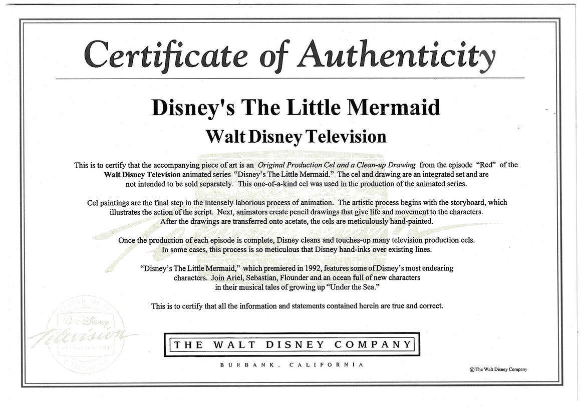 Little Mermaid - Ariel and Sebastian - 1-layer Production Cel w/ Douga, Print Background, CoA