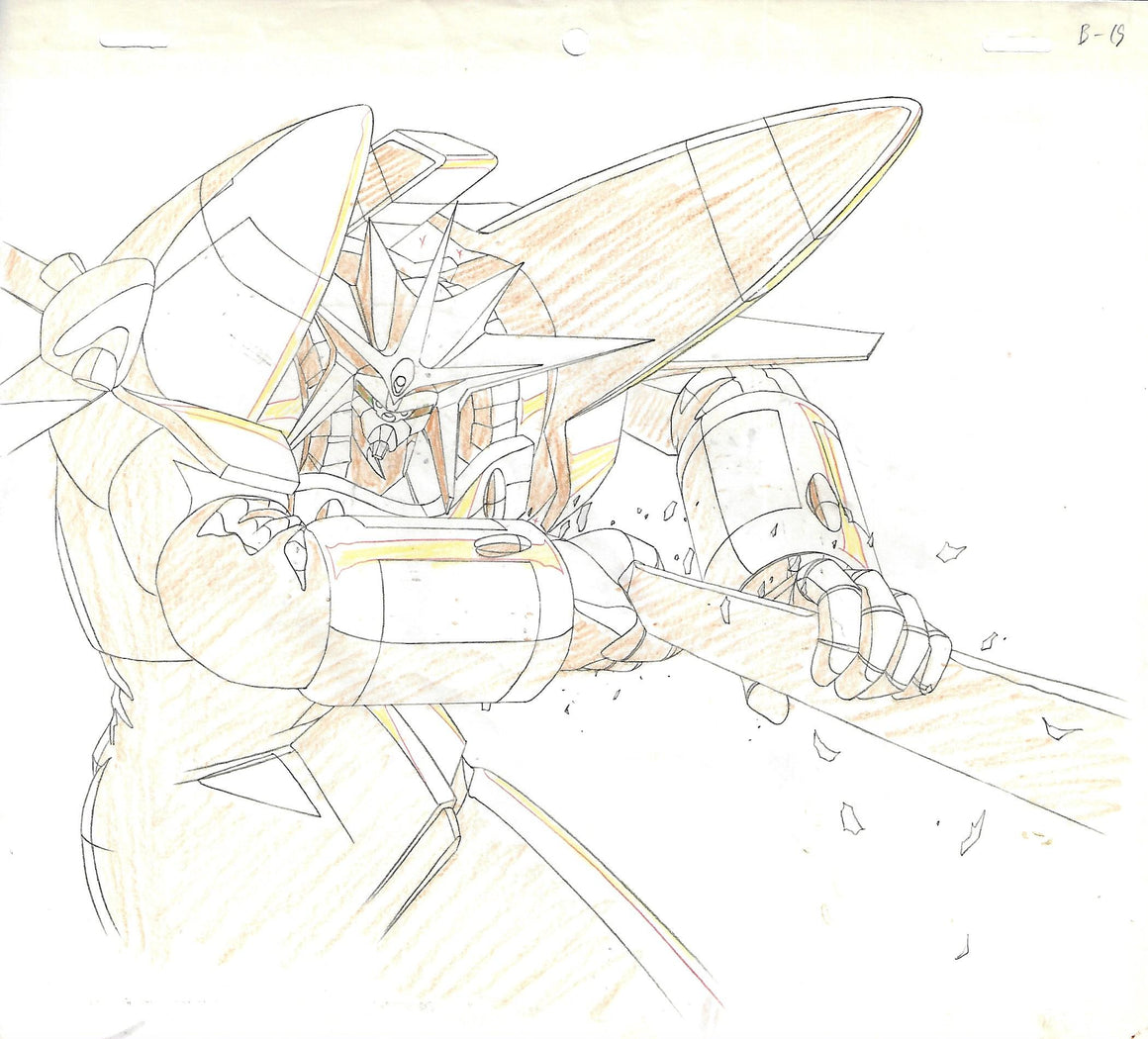 Gunbuster - Gunbuster catching the space monster - 1-layer Production Cel w/ Douga Pencil Sketch and Printed Background