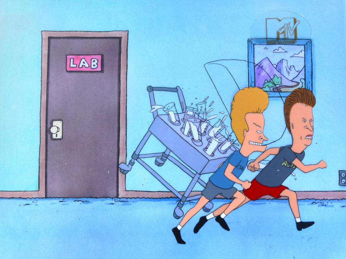 Beavis and Butt-Head - Running in the sperm bank - 2-layer Production Cel w/ Matching Background
