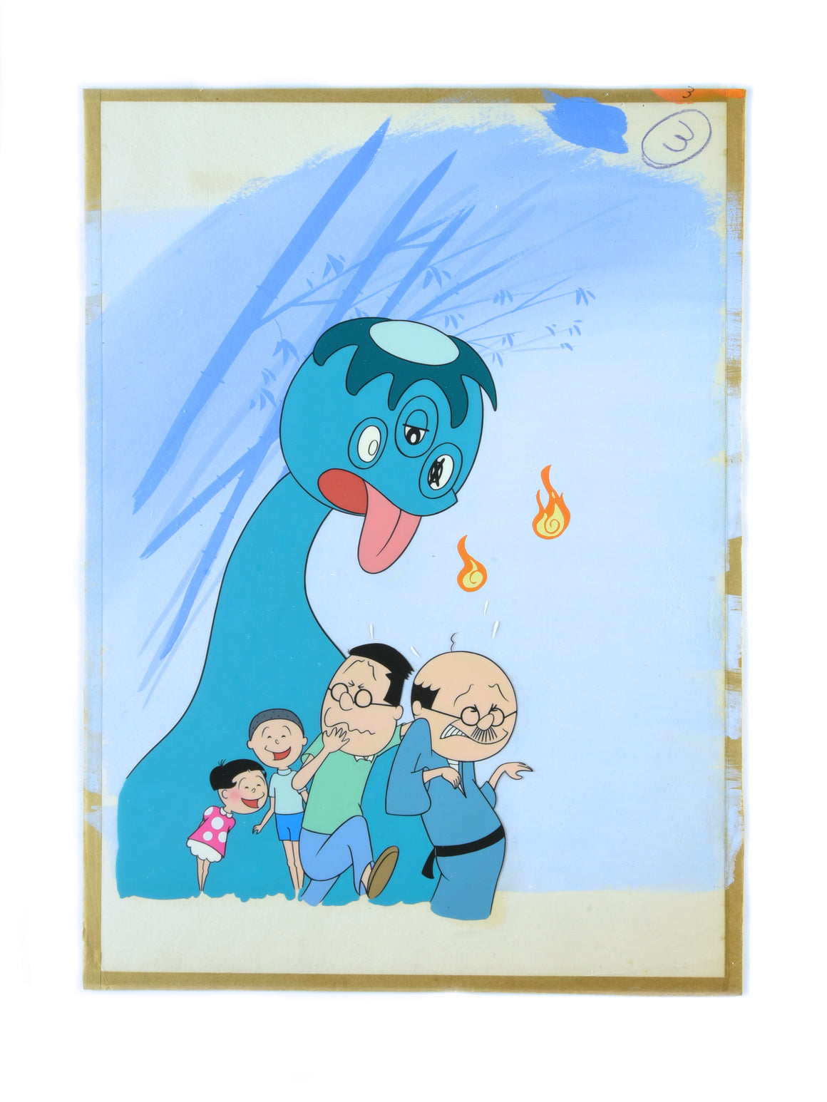 Sazae-san - Namihei and Masuo getting scared at the haunted house - Hanken Cel w/ Matching Background and Layout