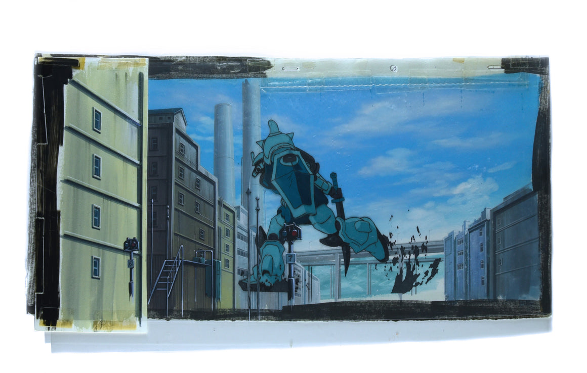 Mobile Suit Gundam The 08th MS Team - Noris retreating - 3-layer Pan-size Production Cel w/ Matching Book Background & Concept