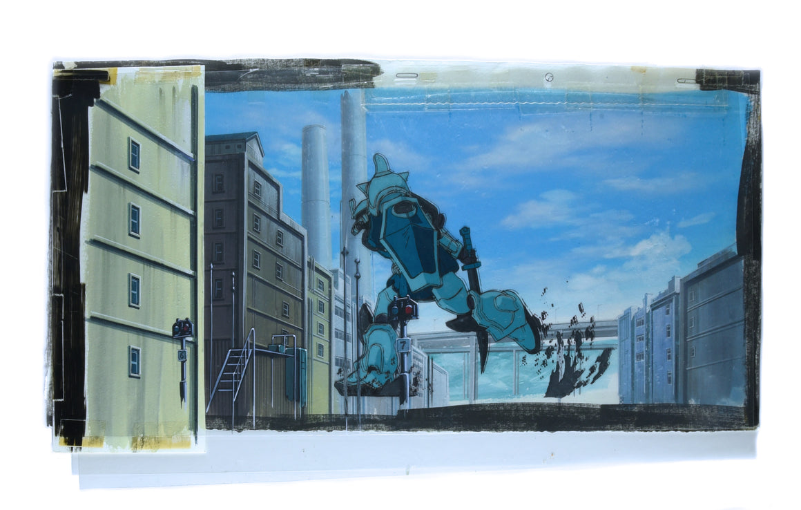 Mobile Suit Gundam The 08th MS Team - Noris retreating - 3-layer Pan-size Production Cel w/ Matching Book Background & Concept