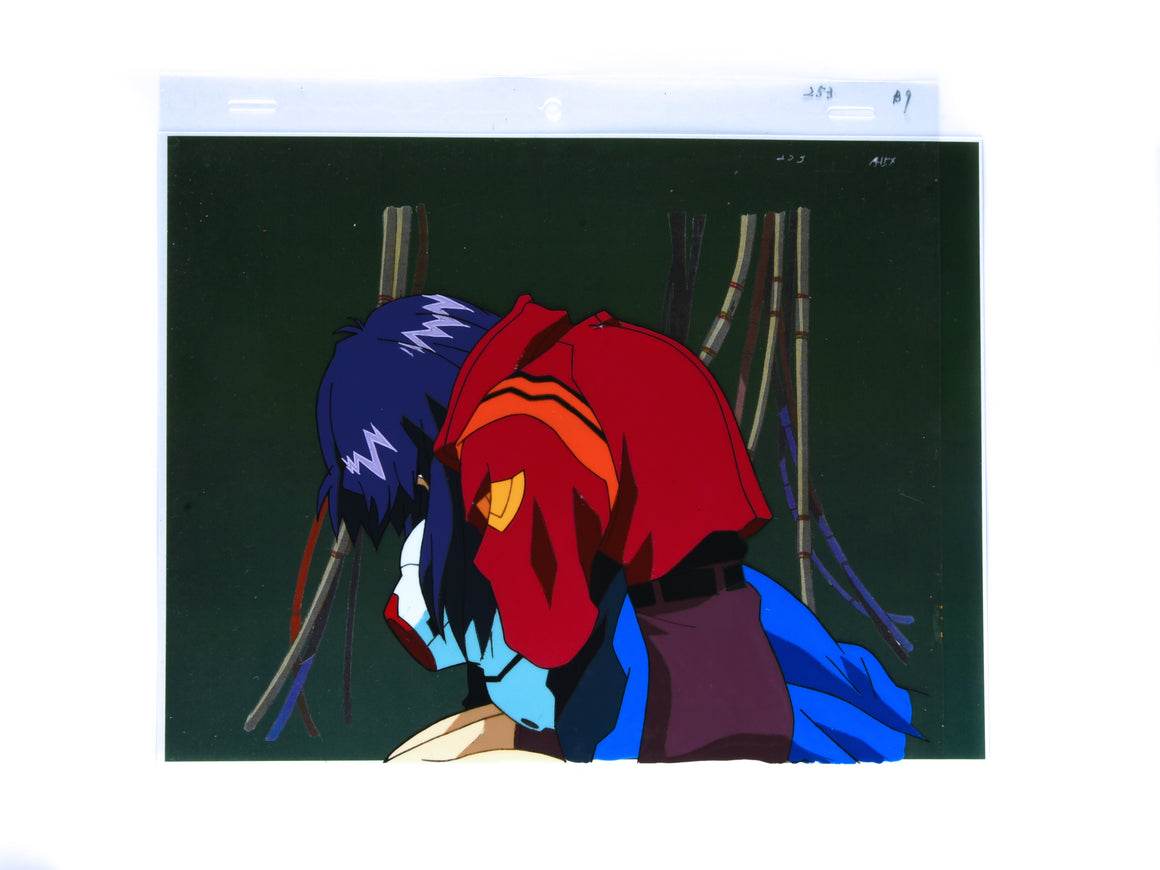 Neon Genesis Evangelion - Misato crying and holding Shinji's Plugsuit  - 1-layer Production Cel w/ Printed Background