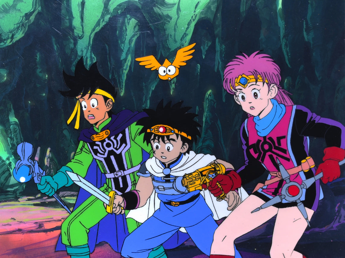 Dragon Quest: The Adventure of Dai - Dai, Pop, Maam, and Gome - 1-layer Production Cel w/ Background