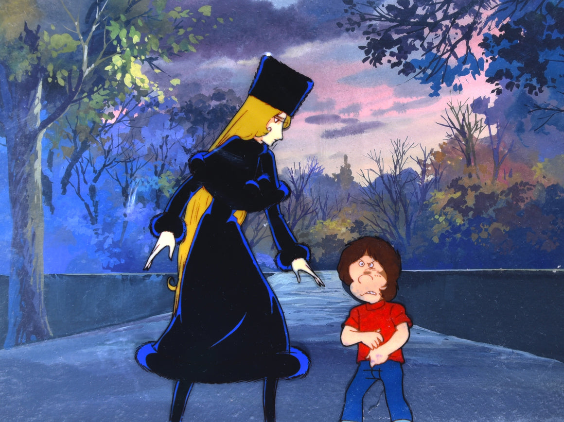 Galaxy Express 999 - Maetel and Tetsuro about to pull out his gun - 2-layer Production Cel w/ Background and Douga