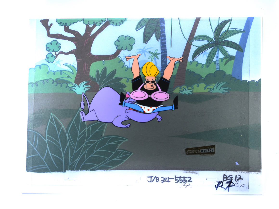 Johnny Bravo - Johnny falling out of a plane and landing on a Rhino - 2-layer Production Cel w/ Printed Background