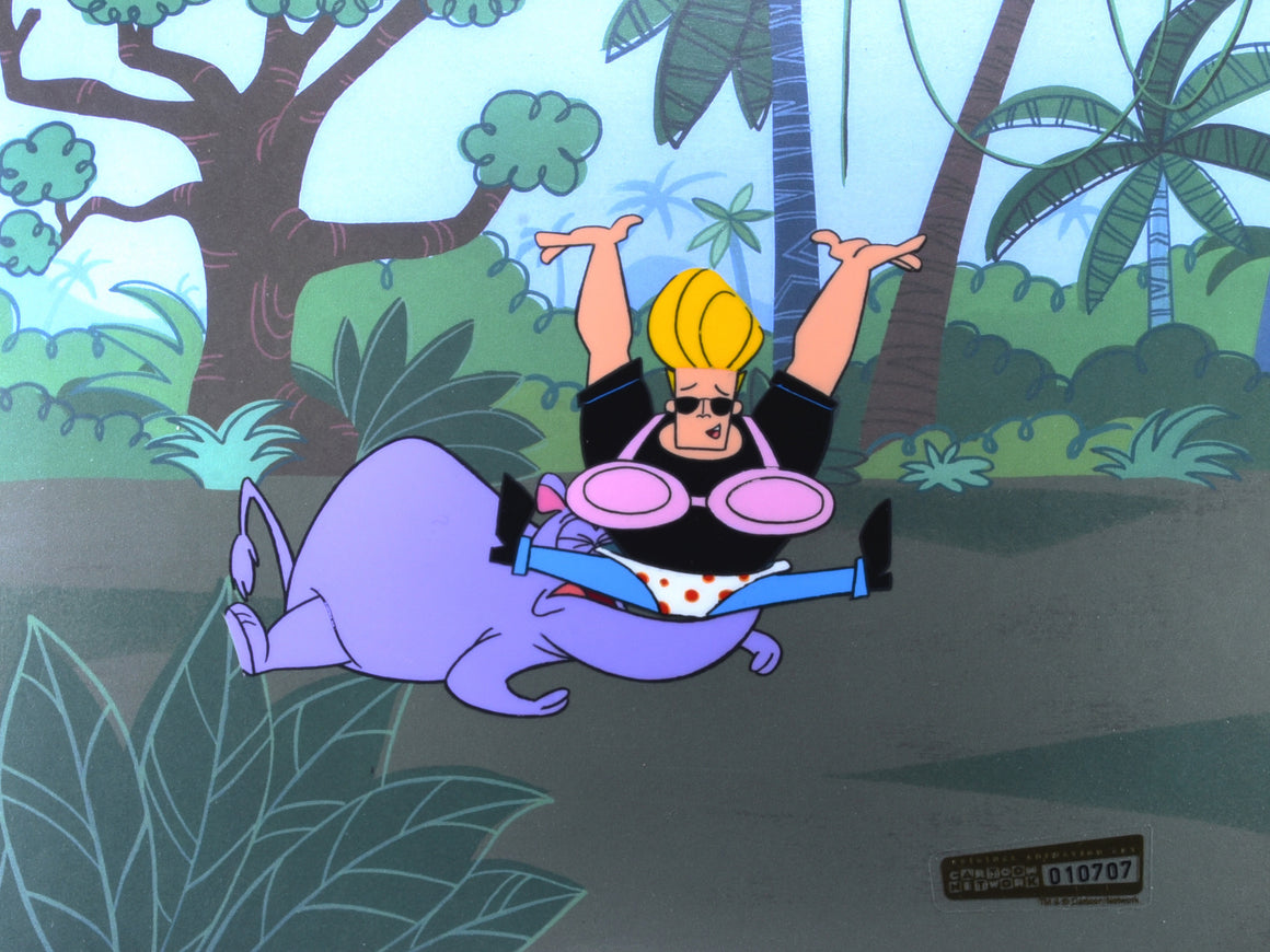 Johnny Bravo - Johnny falling out of a plane and landing on a Rhino - 2-layer Production Cel w/ Printed Background