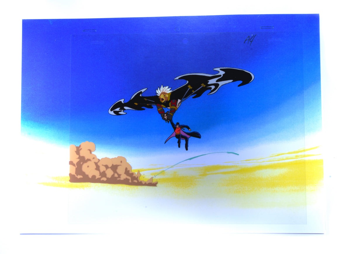 JOJO's Bizarre Adventure - Jotaro dodging N'Doul's attack on flying Iggy - 1-layer Production Cel w/ Douga and Printed Background