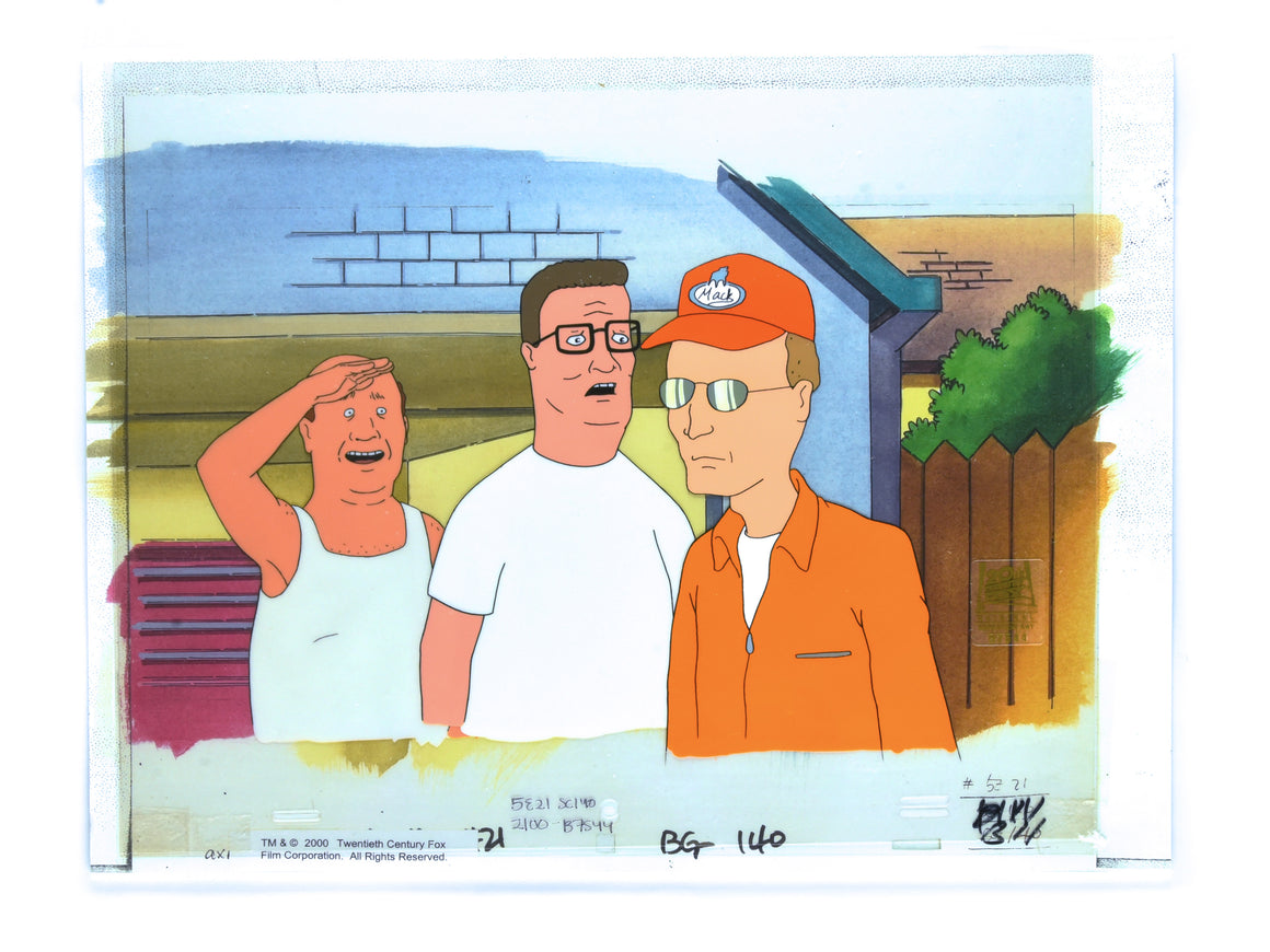 King of the Hill - Bill, Hank, and Dale practicing to be pit crew - 3-layer Production Cel w/ matching printed background