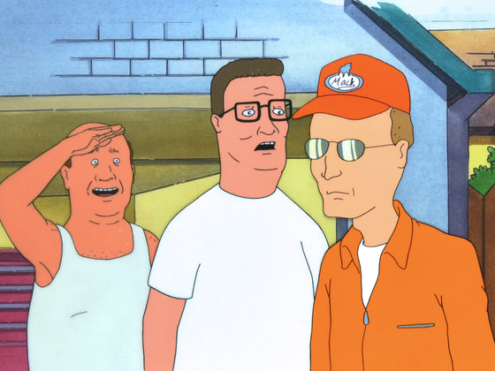 King of the Hill - Bill, Hank, and Dale practicing to be pit crew - 3-layer Production Cel w/ matching printed background
