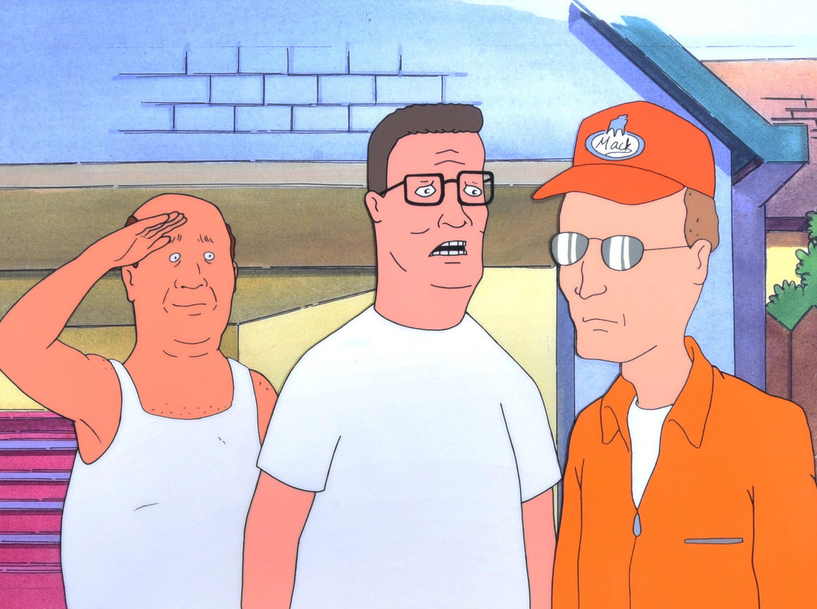 King of the Hill - Bill, Hank, and Dale practicing to be pit crew - 3-layer Production Cel w/ matching printed background