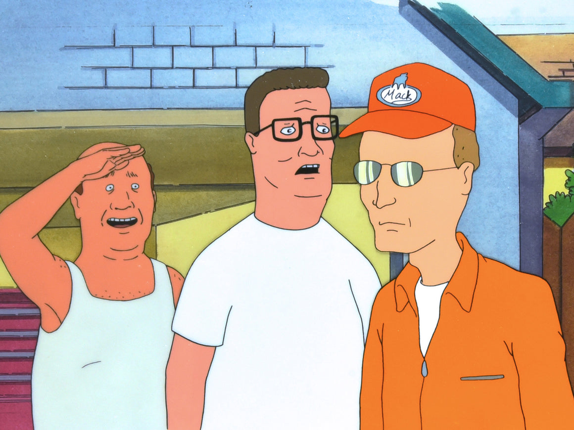 King of the Hill - Bill, Hank, and Dale practicing to be pit crew - 3-layer Production Cel w/ matching printed background