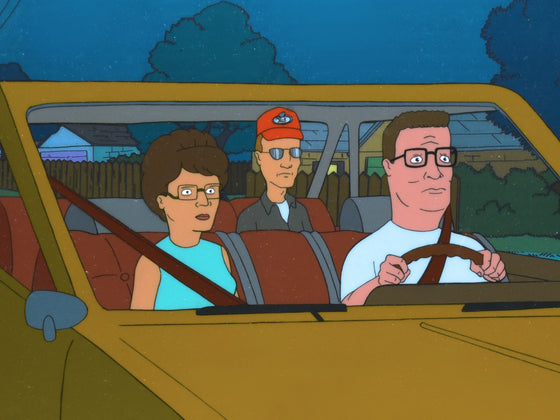 King of the Hill - Hank, Peggy, and Dale in a car - 4-layer Production Cel w/ matching printed background