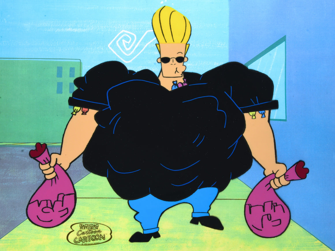 Johnny Bravo - Johnny after stuffing himself with candy - 1-layer Production Cel w/ Printed Background
