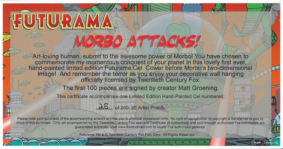 Futurama - "Morbo Attacks!" - Signed Artist Proof Limited Edition Cel w/ Printed Giclee Background