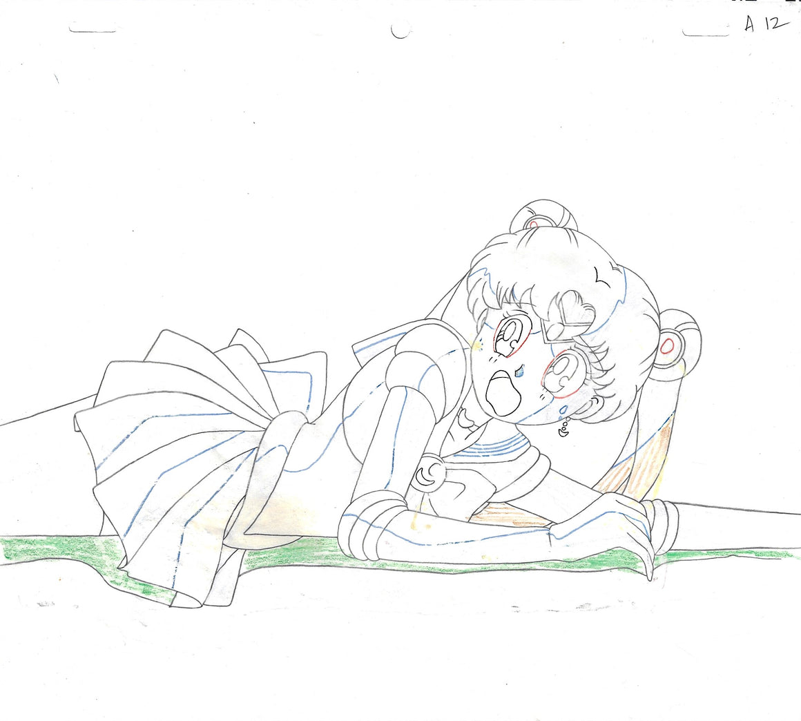 Sailor Moon - Transformed Usagi from the 1st TV episode - 1-layer Production Cel w/ Background & Douga Pencil Sketch