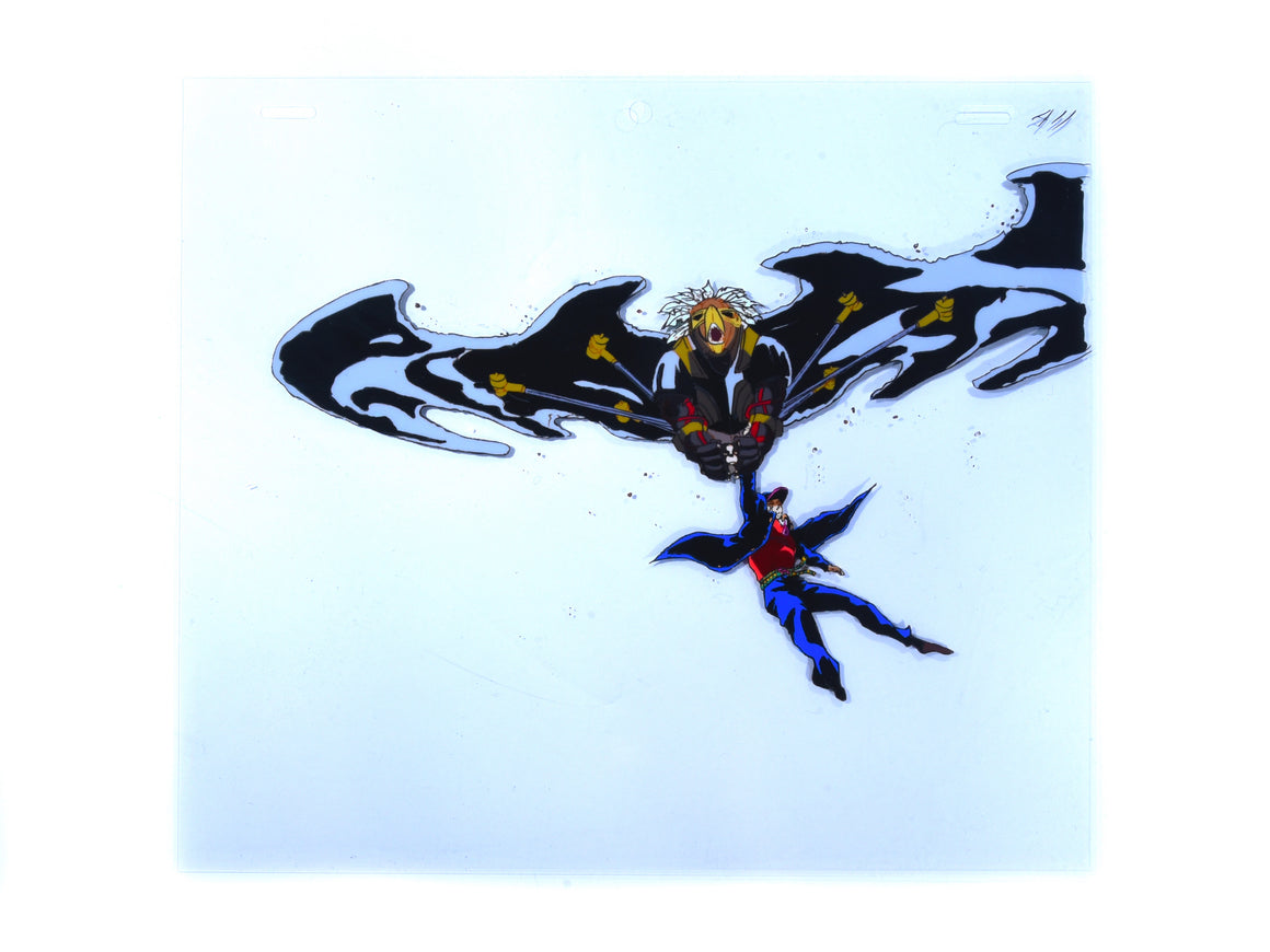 JOJO's Bizarre Adventure - Jotaro hanging on to flying Iggy - 1-layer Production Cel w/ Douga and Printed Background